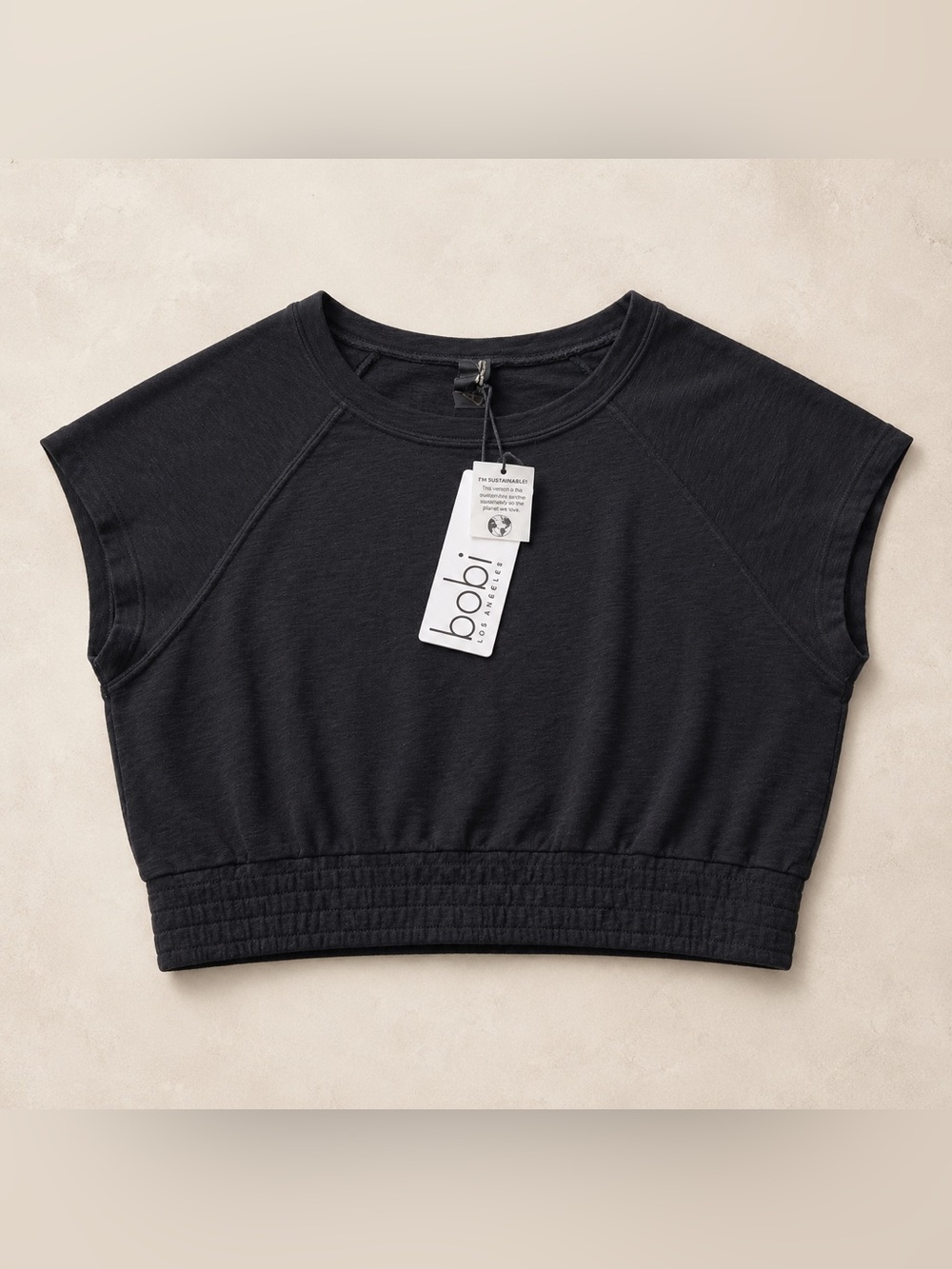 bobi Black Cropped Raglan Tee with Smocked Hem